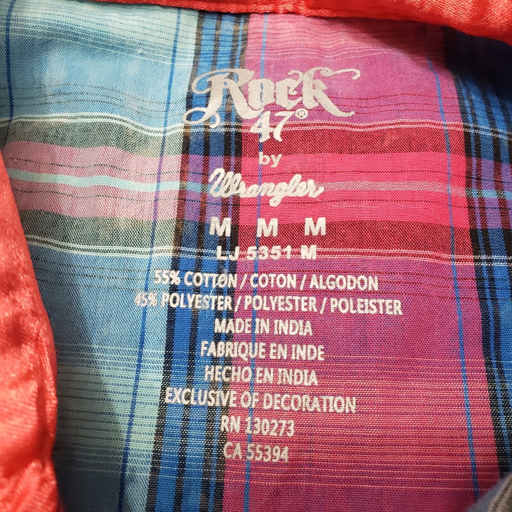 Rock 47 by Wrangler Top Womens Medium Blue Pearl Snap Long Sleeve Plaid Cowgirl - Picture 4 of 11